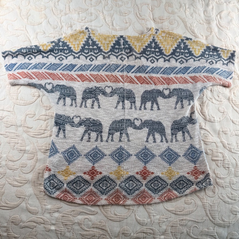 Ginger G Woman's Elephant Print Boho Knit Top Grey Blue Mustard Size L